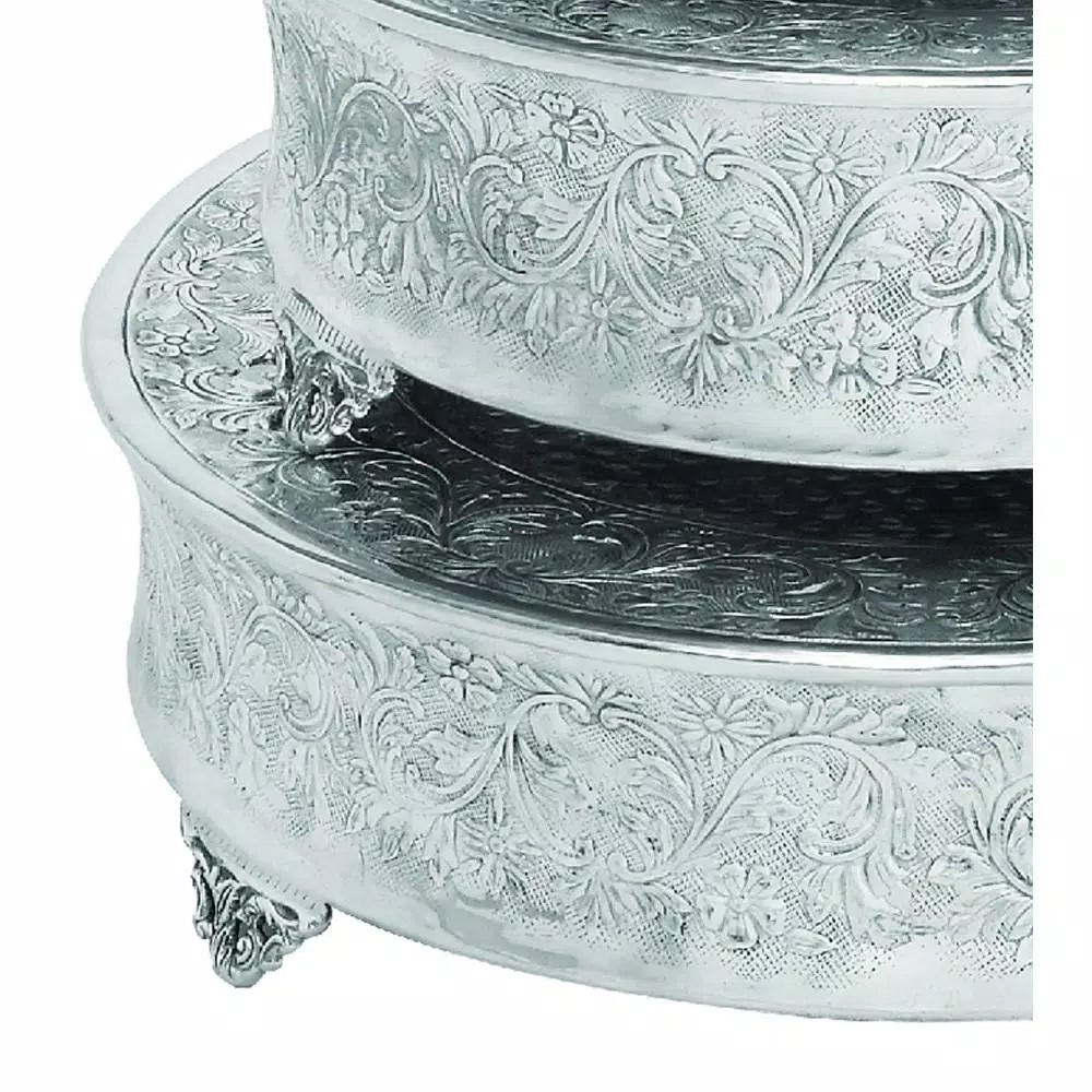 Benzara Silver Aluminum Cake Stand Set of 4 - Assorted Sizes with Intricate Carved Embossed Pattern