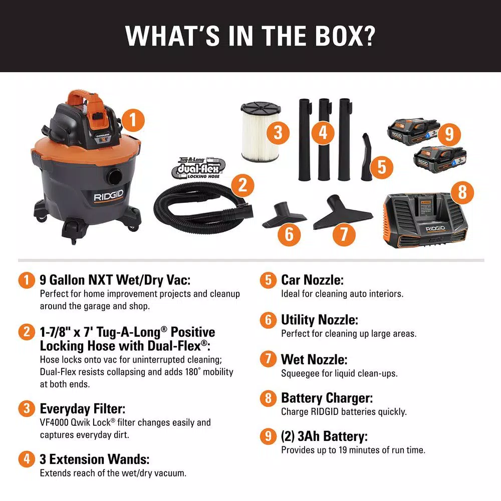 RIDGID 9 Gal. Cordless Wet/Dry Shop Vacuum Kit with (2) 18V OCTANE 3.0 Ah Lithium-Ion Batteries and Charger