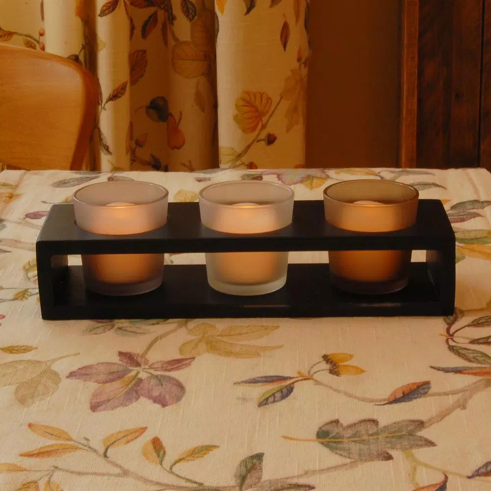 LUMABASE Trio Candle Tray with 3 Frosted Earth Tone Glass Votives - Black Wood