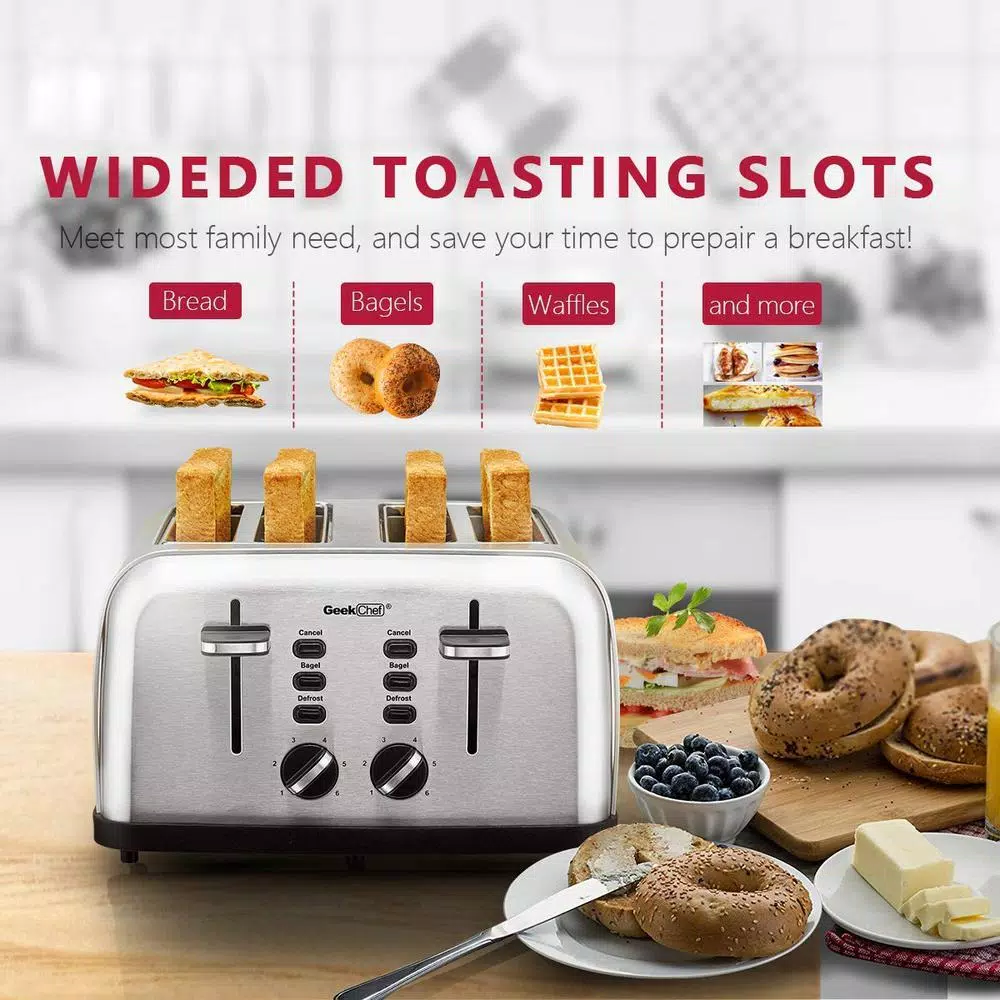 Boyel Living 1500W 4-Slice Wide Slot Toaster with Dual Independent Control Panels, Silver
