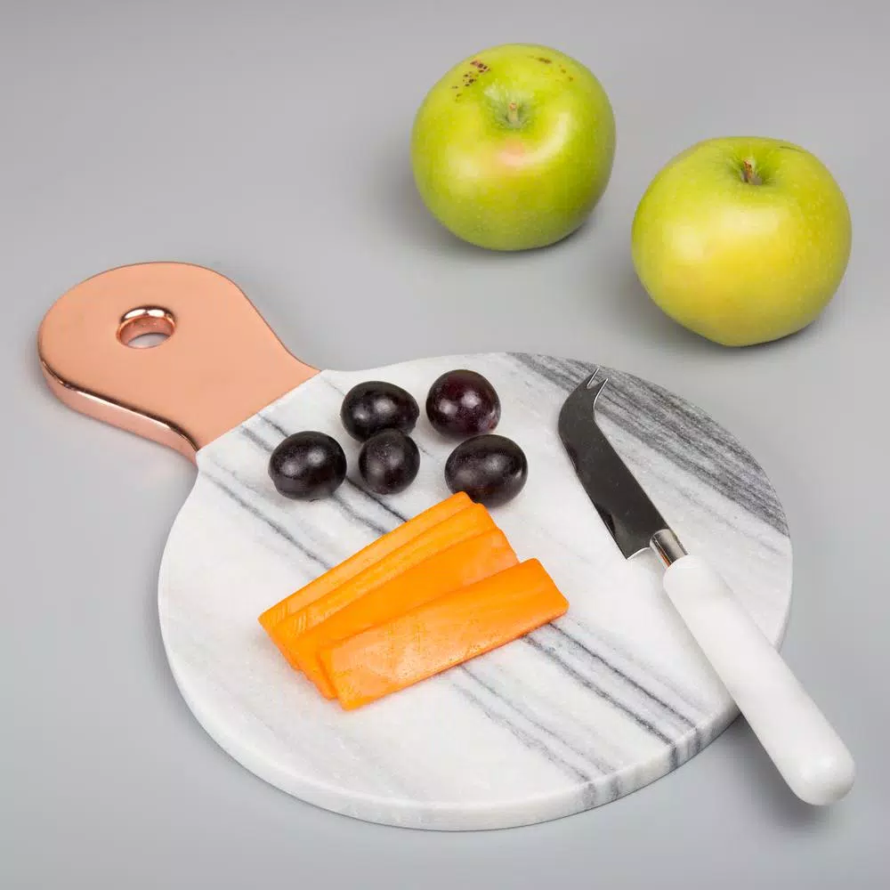 Creative Home Natural White Marble Cheese Serving Board with Stainless Steel Copper Trim Handle, 12.2 x 8 in.
