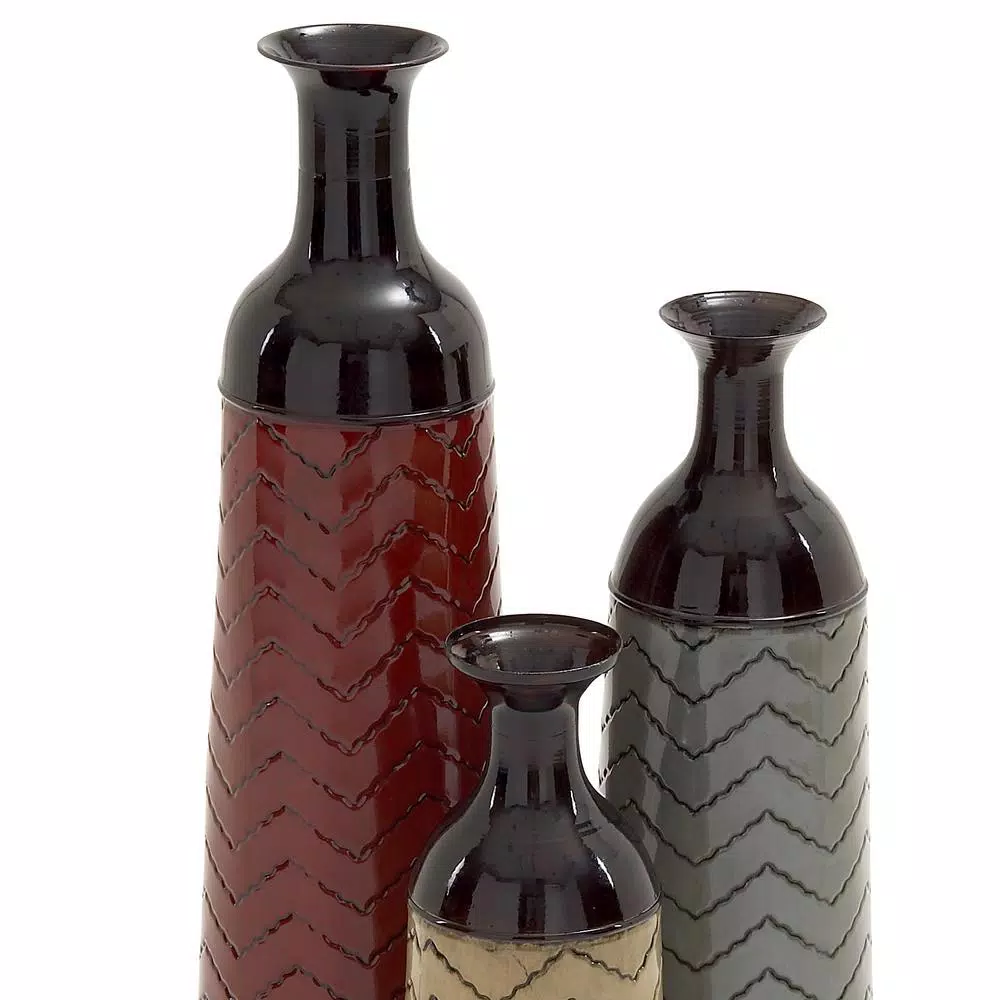 LITTON LANE Chevron Set of 3 Metal Decorative Floor Vases - Rustic Tin in Red, Brown, and Green
