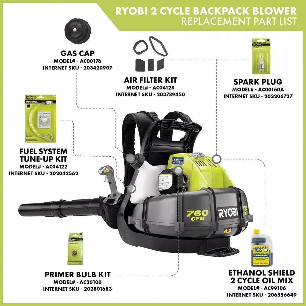 RYOBI 38cc Gas Backpack Leaf Blower, 760 CFM, 175 MPH, 2-Cycle
