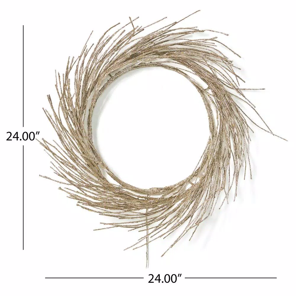 Noble House 24 in. Champagne Glitter Pre-Lit Warm White LED Artificial Christmas Wreath