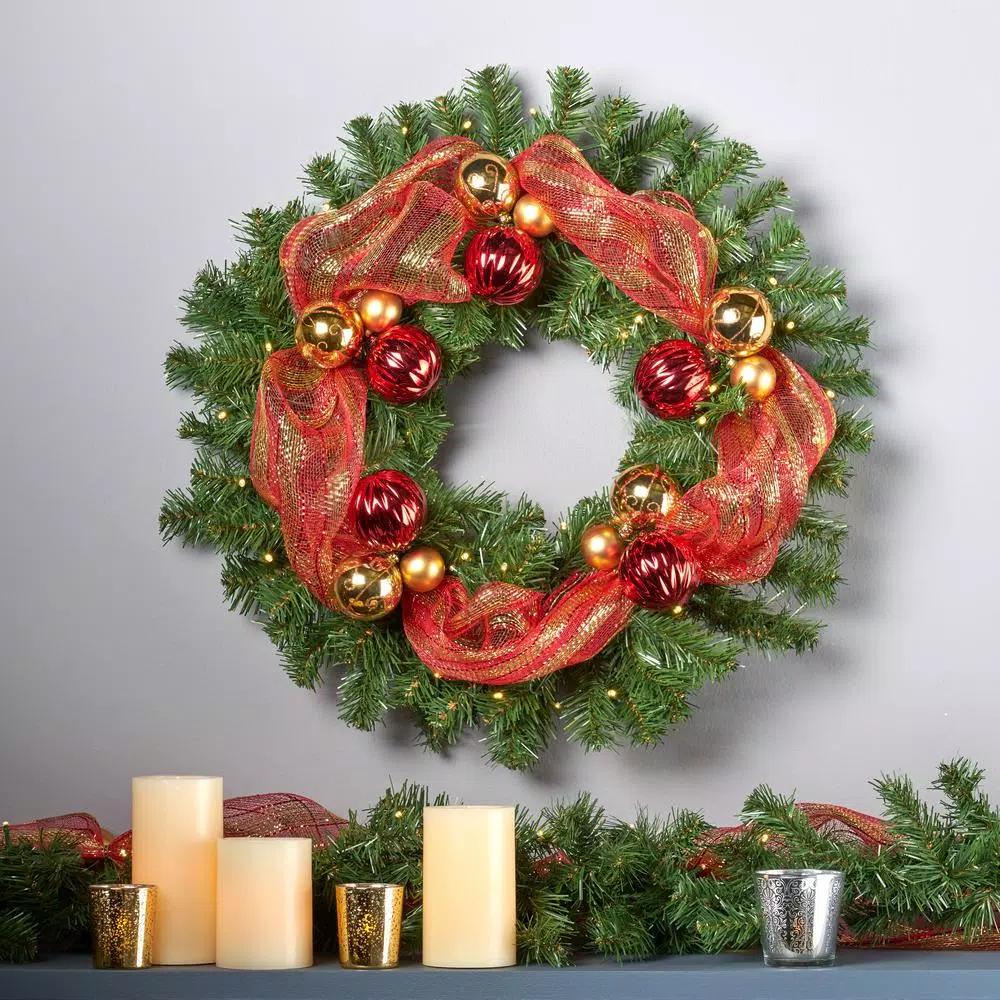 Noble House 24 in. Pre-Lit Noble Fir Artificial Christmas Wreath with Red and Gold Ornaments