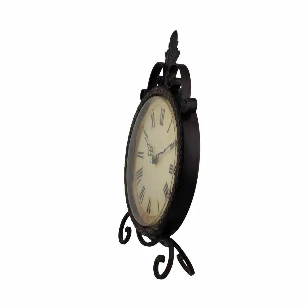 LITTON LANE 17 in. x 11 in. Round Wrought Iron Table Clock with Tarnished Bronze Finish