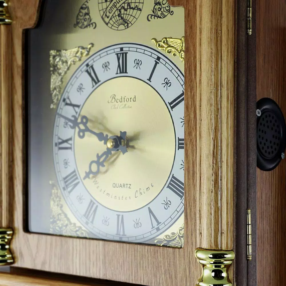 Bedford Clock Collection Bedford Collection 26 in. Golden Oak Wall Clock with Swinging Pendulum and Chimes