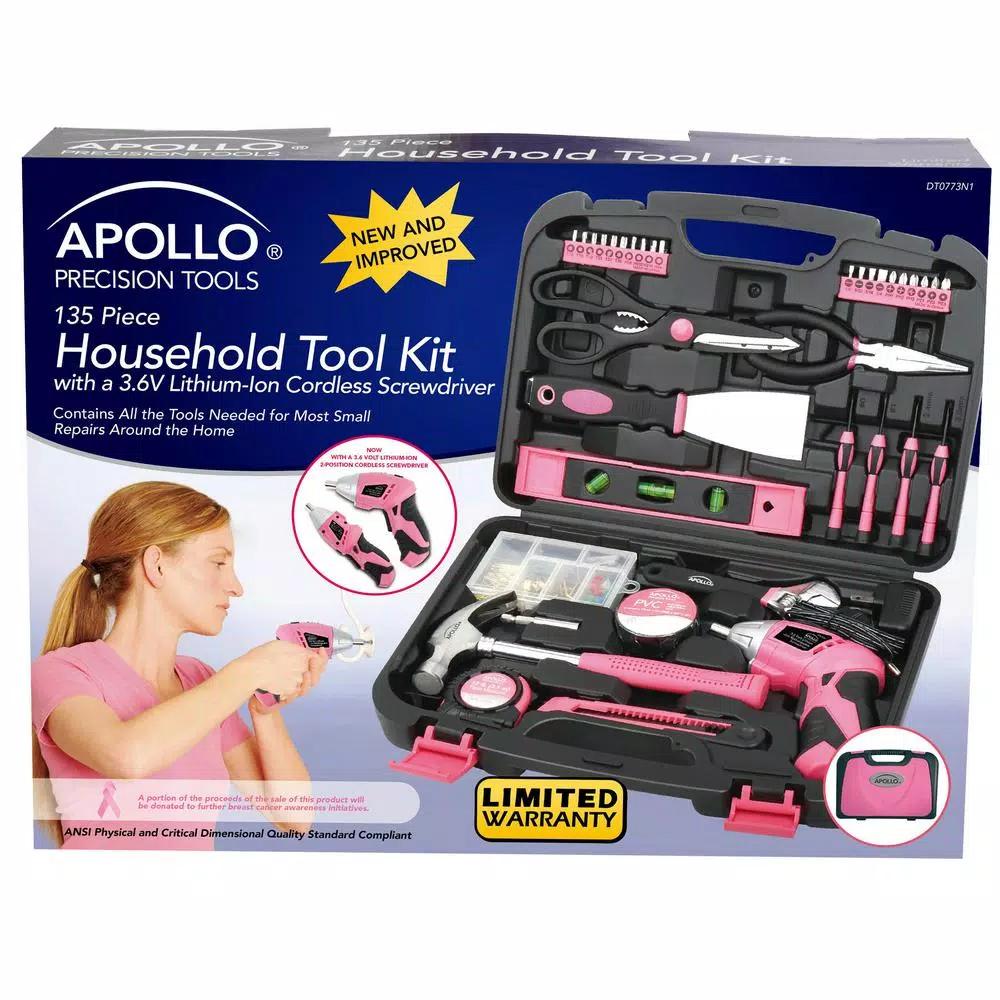 Apollo 135-Piece Home Tool Kit with 3.6V Cordless Screwdriver in Pink