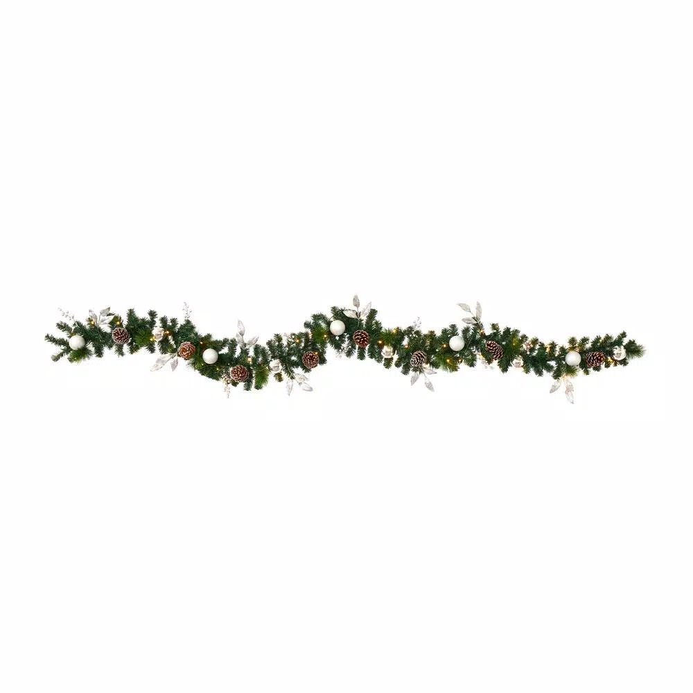 Nearly Natural 9 ft. Pre-lit Artificial Christmas Garland with Ornaments and Pinecones, 50 Clear LED Lights, Battery Operated