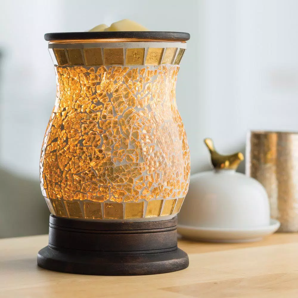 Candle Warmers Etc 8.8 in. Gilded Glass Illumination Fragrance Warmer with Gold Mosaic Design