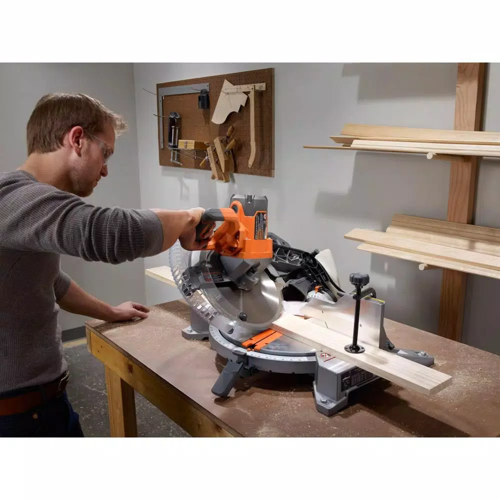 RIDGID 12 in. 15 Amp Dual Bevel Corded Miter Saw with LED and Universal Mobile Stand Kit