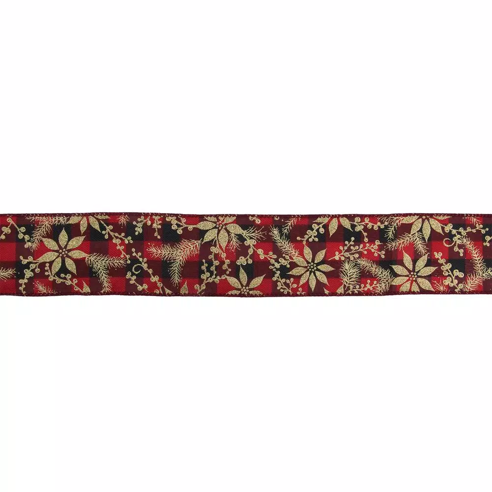 Northlight Buffalo Plaid Christmas Wired Craft Ribbon with Gold Floral Details, 2.5 in. x 16 yds.