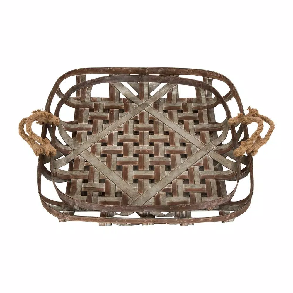 Glitzhome Farmhouse Galvanized Metal Woven Tobacco Basket Tray Set, Set of 2