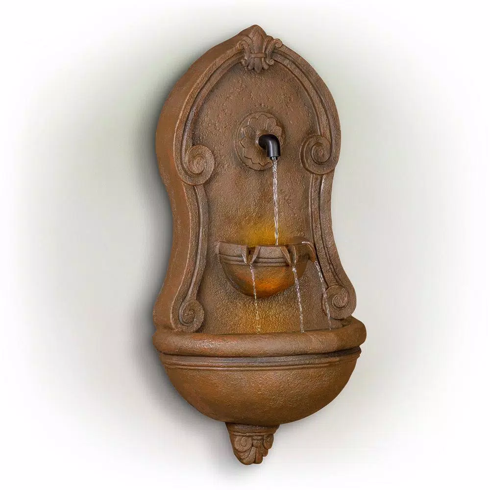 Alpine Corporation 32 in. Wall-Mounted Tiered Water Fountain with LED Lights, Classical European Design