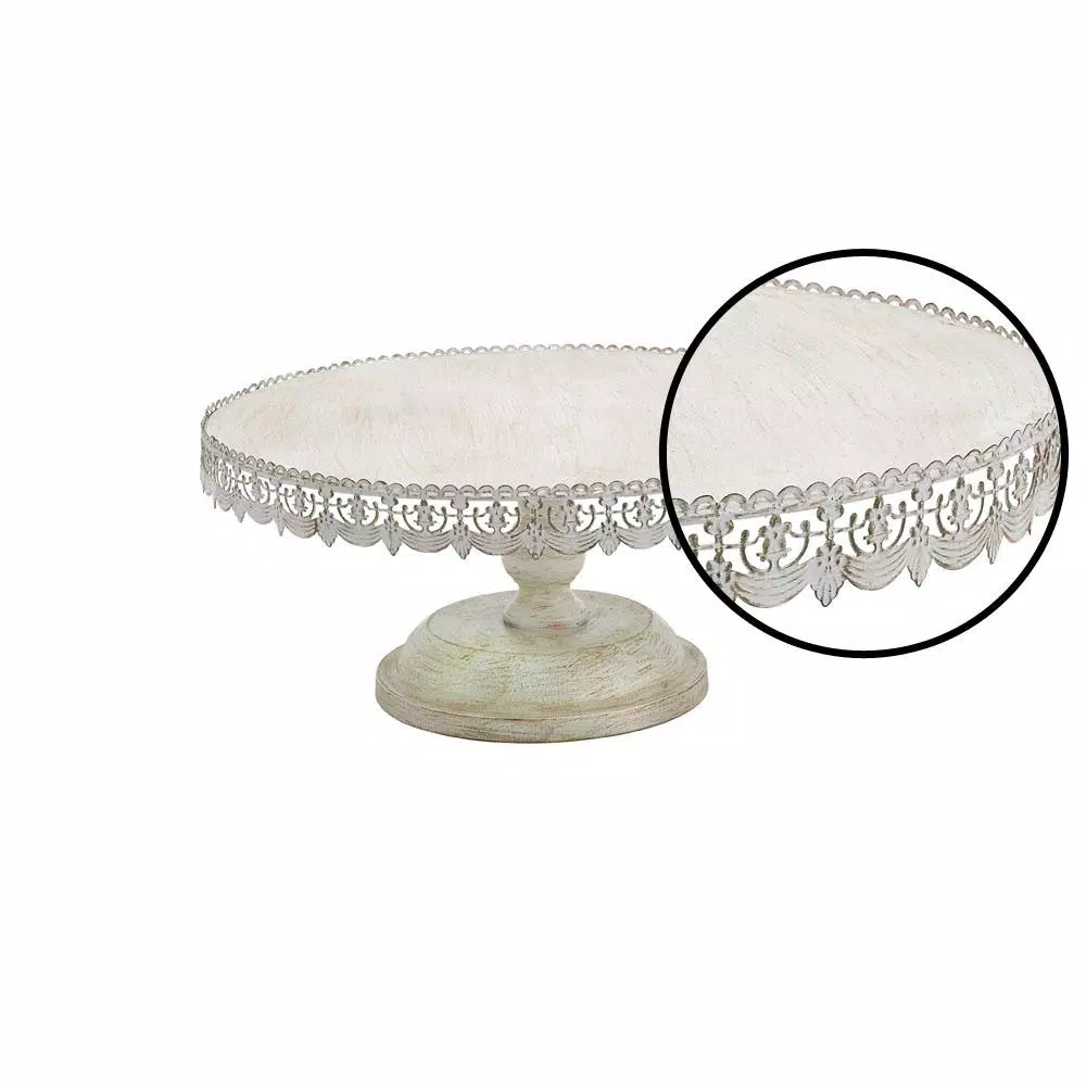 LITTON LANE 22 in. Round Iron Cake Stand with Floral Bunting Overhang, Whitewashed & Rust Brown