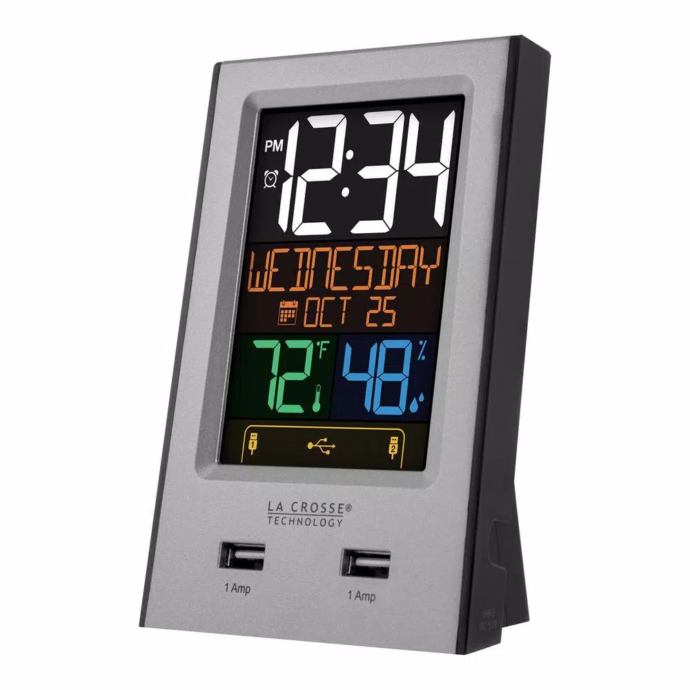La Crosse Technology Digital Desktop Alarm Clock with Dual USB Charging Ports, Nap Timer, and Temperature/Humidity Display - Silver