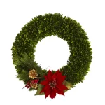 Nearly Natural 18 in. Tea Leaf Poinsettia and Pine Artificial Wreath thumbnail 1