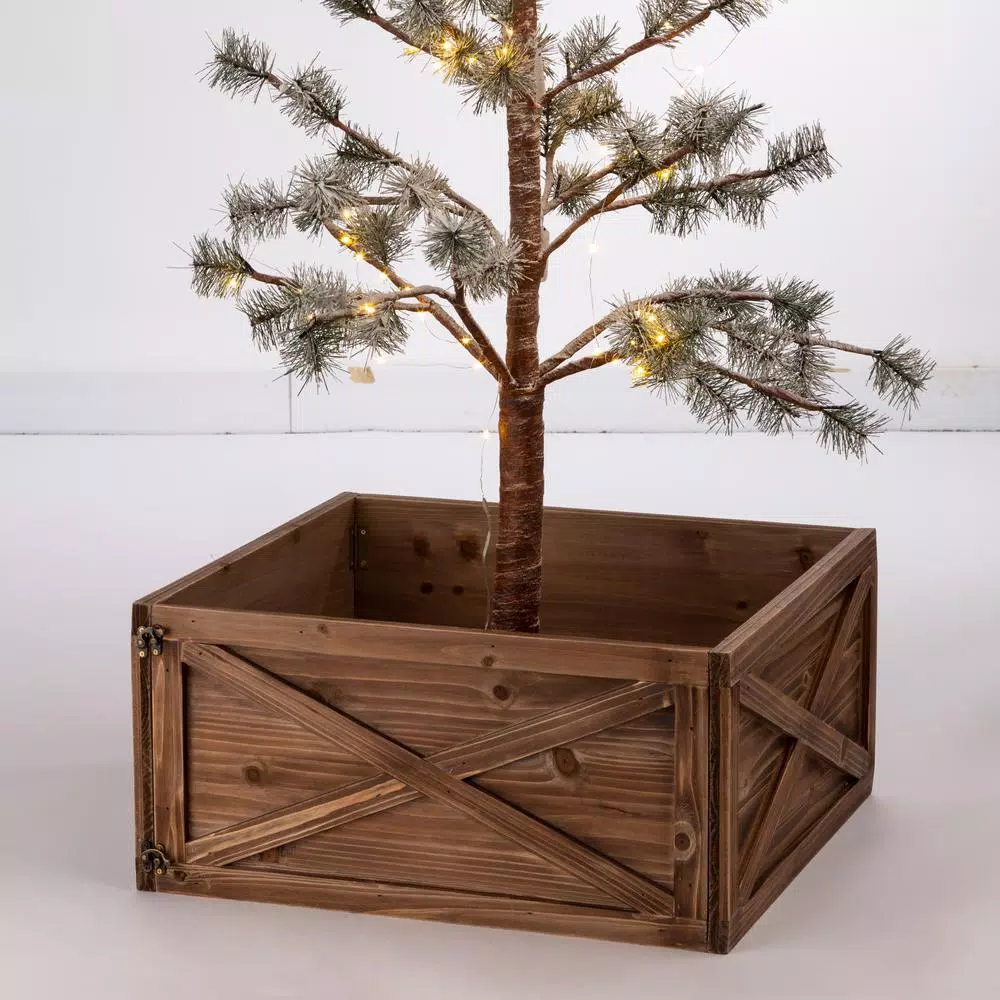 Glitzhome 22.09 in. Natural Wooden Tree Collar - Rustic Farmhouse Christmas Tree Box