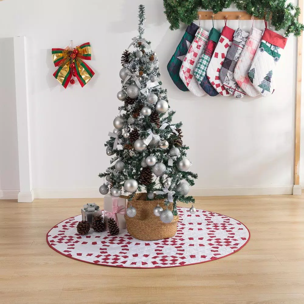 Country Living 48 in. Holiday Ring Quilted Tree Skirt, Red and White Candy Cane Microfiber
