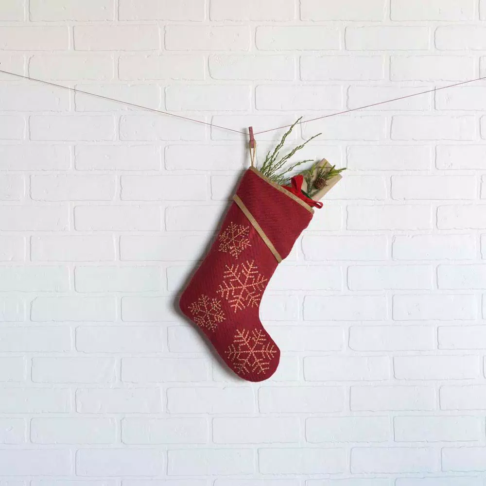 VHC Brands 15 in. Revelry Brick Red Traditional Christmas Stocking with Gold Embroidered Snowflakes