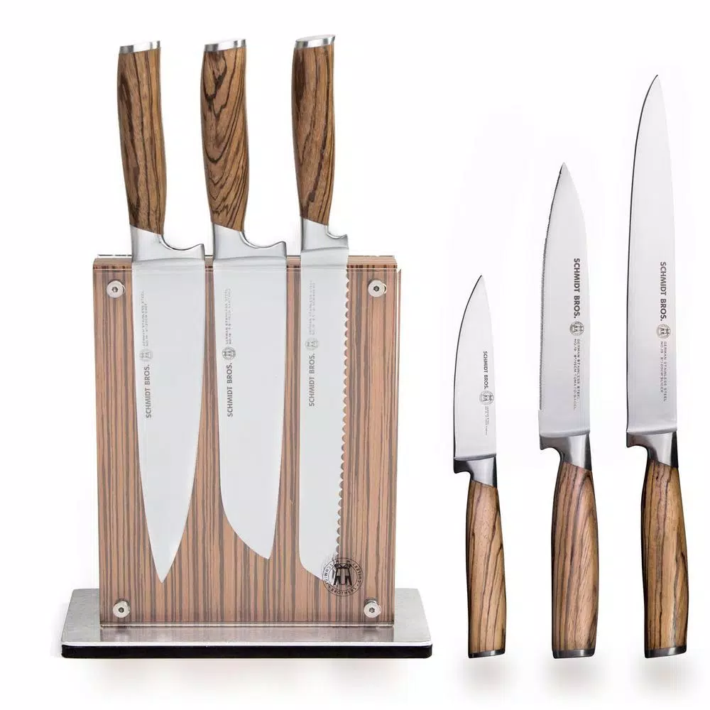 SCHMIDT BROS. 7-Piece Zebra Wood and German Stainless Steel Knife Set with Magnetic Midtown Block