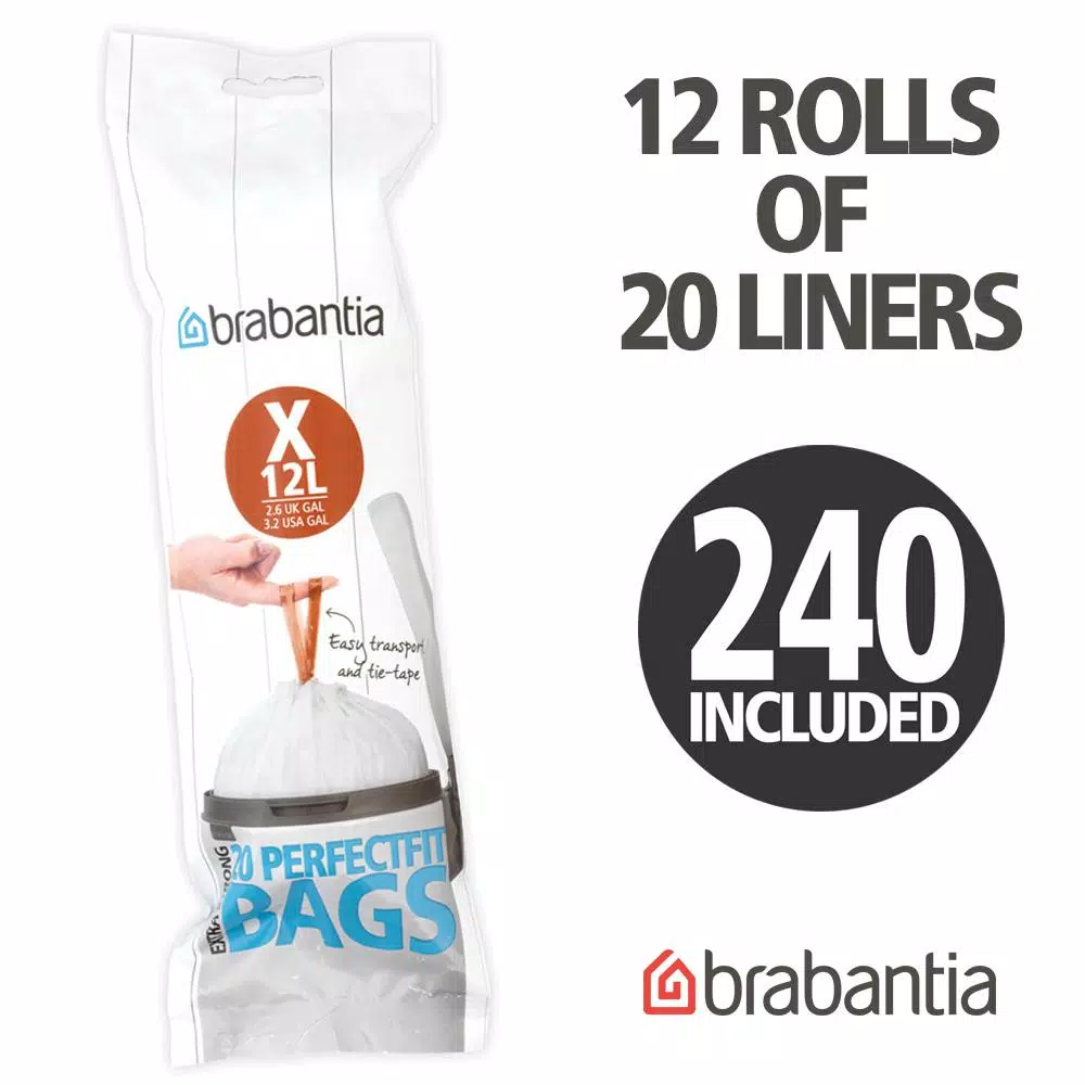 Brabantia Code X Trash Can Liners, 2.6 to 3.2 Gallon (10-12 L), 240 Count (12 Packs of 20)