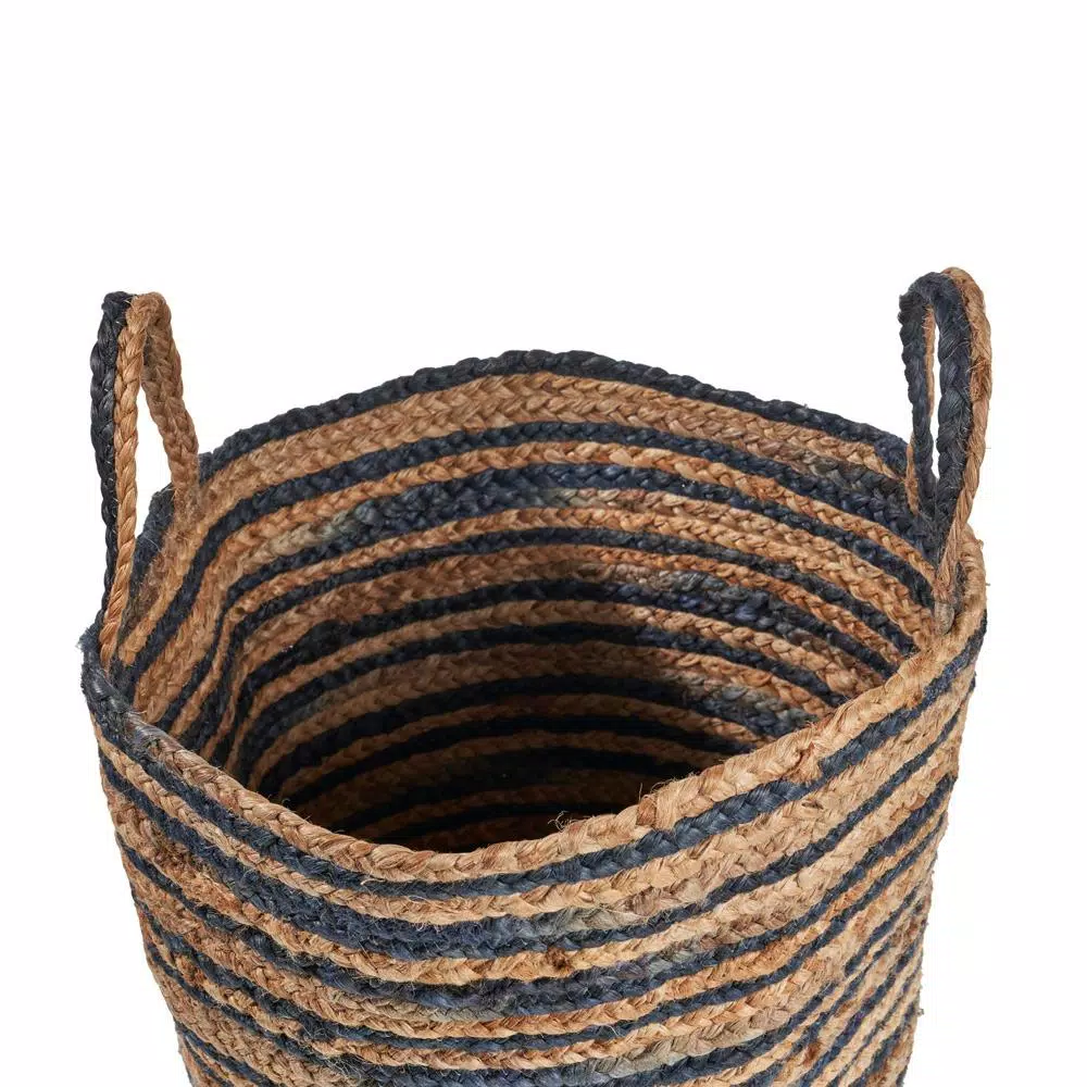 LR Home Wonder Striped Braided Navy Blue Natural Jute Decorative Storage Basket with Handles