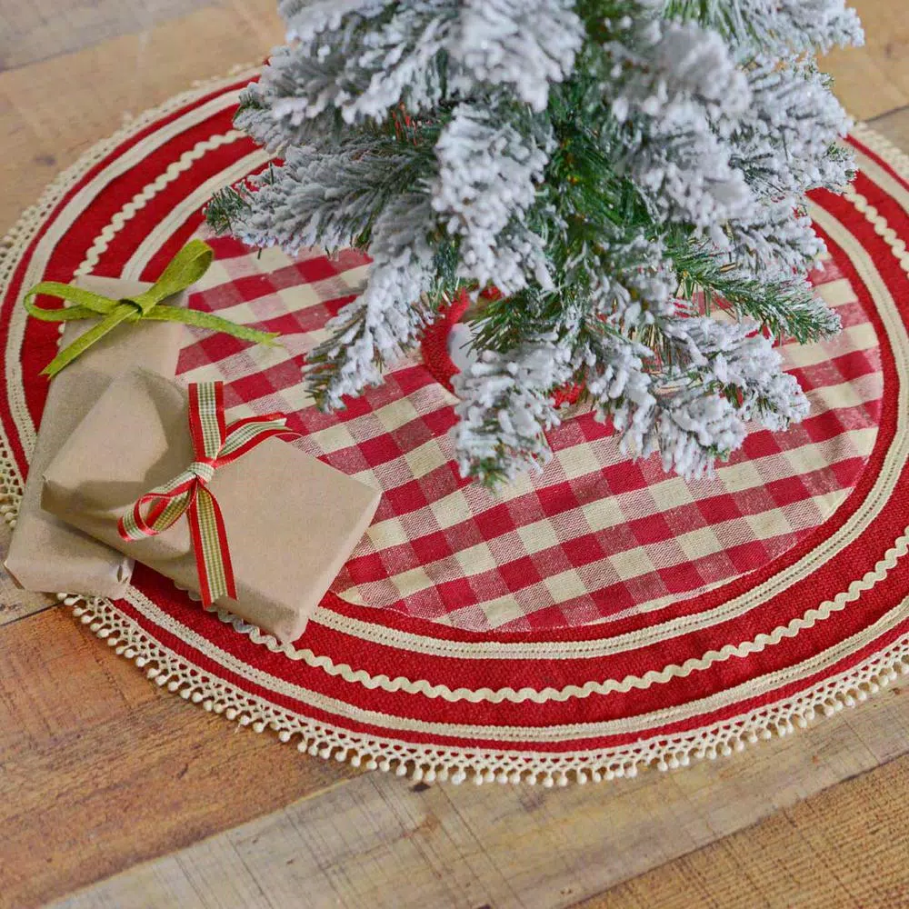 VHC Brands 21 in. Gretchen Cherry Red and Creme Check Farmhouse Christmas Mini Tree Skirt