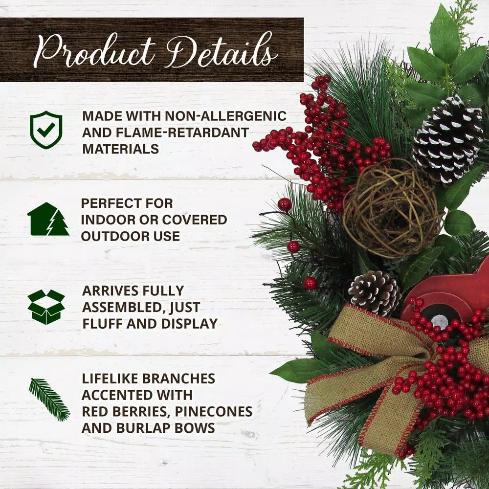 Fraser Hill Farm 24 in. Artificial Christmas Wreath with Pinecones, Burlap Bows and Wooden Truck