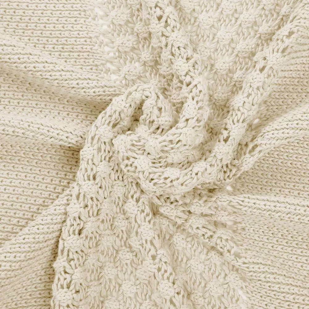 MODERN THREADS Antique White Cotton Cable Knit Throw with Popcorn-Stitch Design