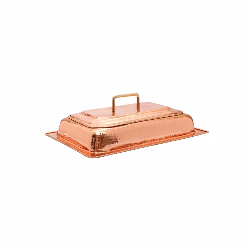 Old Dutch 8 Qt. Rectangular Copper over Stainless Steel Chafing Dish with Black Iron Stand