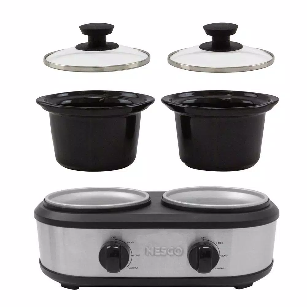 Nesco 2.5 Qt. Stainless Steel Dual Serving Station Slow Cooker with 2 Removable Ceramic Pots
