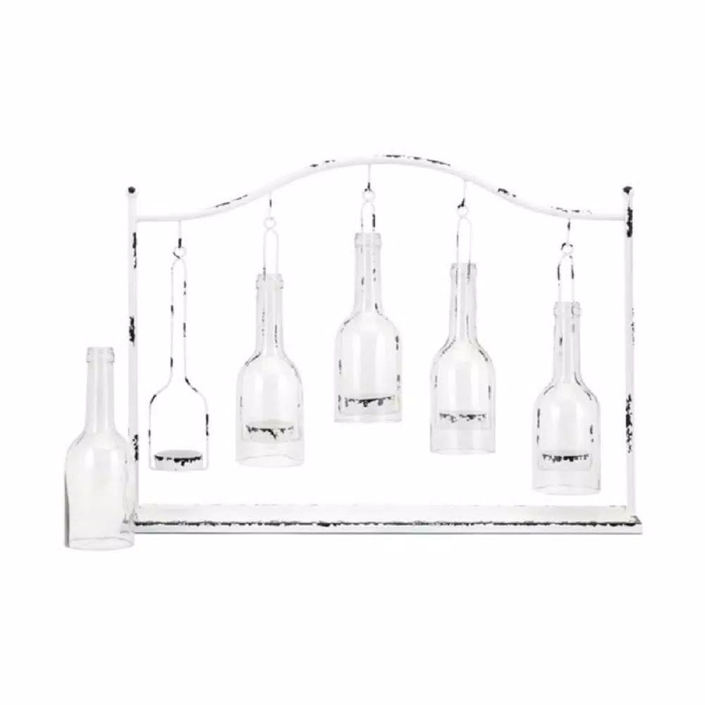 IMAX Persey 5-Votive Glass Bottle Hurricane Candle Holder, Distressed White Iron