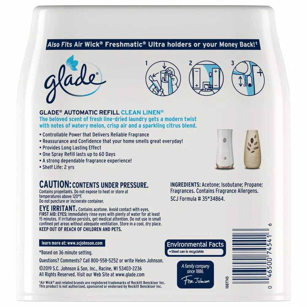 Glade Clean Linen Automatic Air Freshener Spray Refill, 6.2 oz (2-Pack)