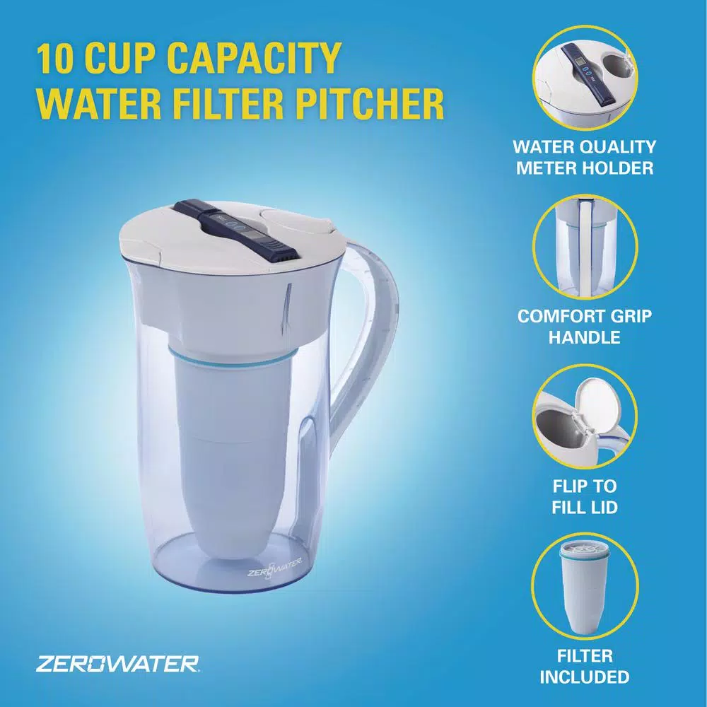 Zero Water ZeroWater 10-Cup Round Water Filter Pitcher with Ready-Pour Technology, Blue