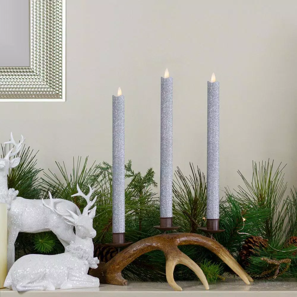 Northlight Set of 2 Silver Glittered Flameless Taper Christmas Candles, 12 in.