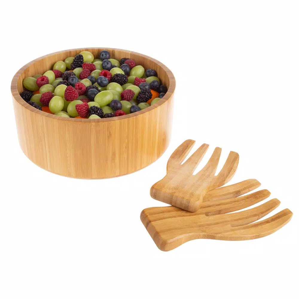 Classic Cuisine 10.25 in. Round Bamboo Salad Bowl Set with Two Utensils