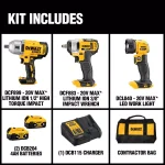 DEWALT 20V MAX Cordless Impact Wrench, Impact Driver & LED Light 3-Tool Combo Kit with (2) 4.0 Ah Batteries thumbnail 2