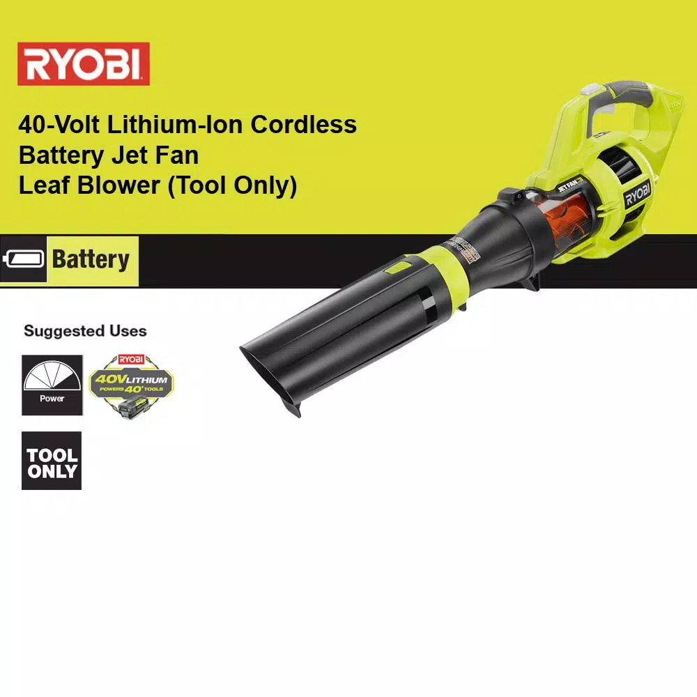 RYOBI 40V MAX Cordless Jet Fan Leaf Blower, 480 CFM, 110 MPH (Tool Only)