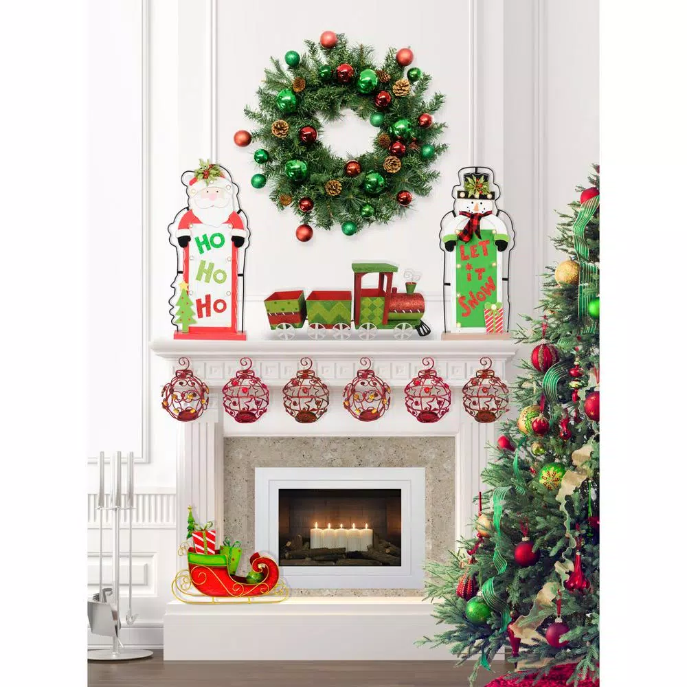 Fraser Hill Farm 24 in. Artificial Christmas Wreath Decor Set with Train, Sleigh, and LED Shelf Sitters