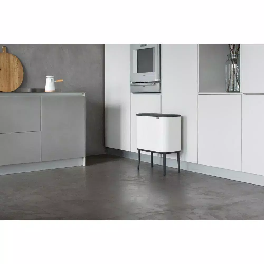 Brabantia Bo 9 Gallon Dual Compartment White Steel Rectangular Touch Bin with Removable Buckets