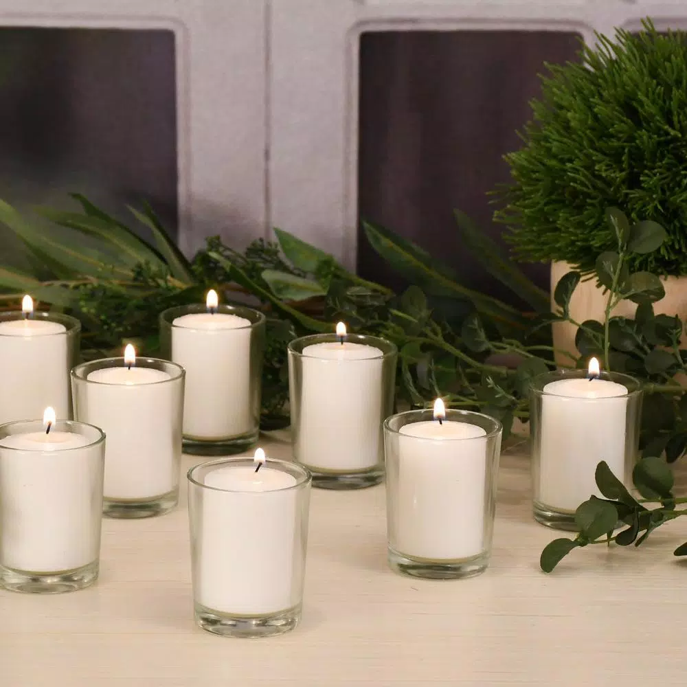 LUMABASE White Unscented Paraffin Votive Candles with Clear Glass Holders, 12-Count, 15-Hour Burn Time