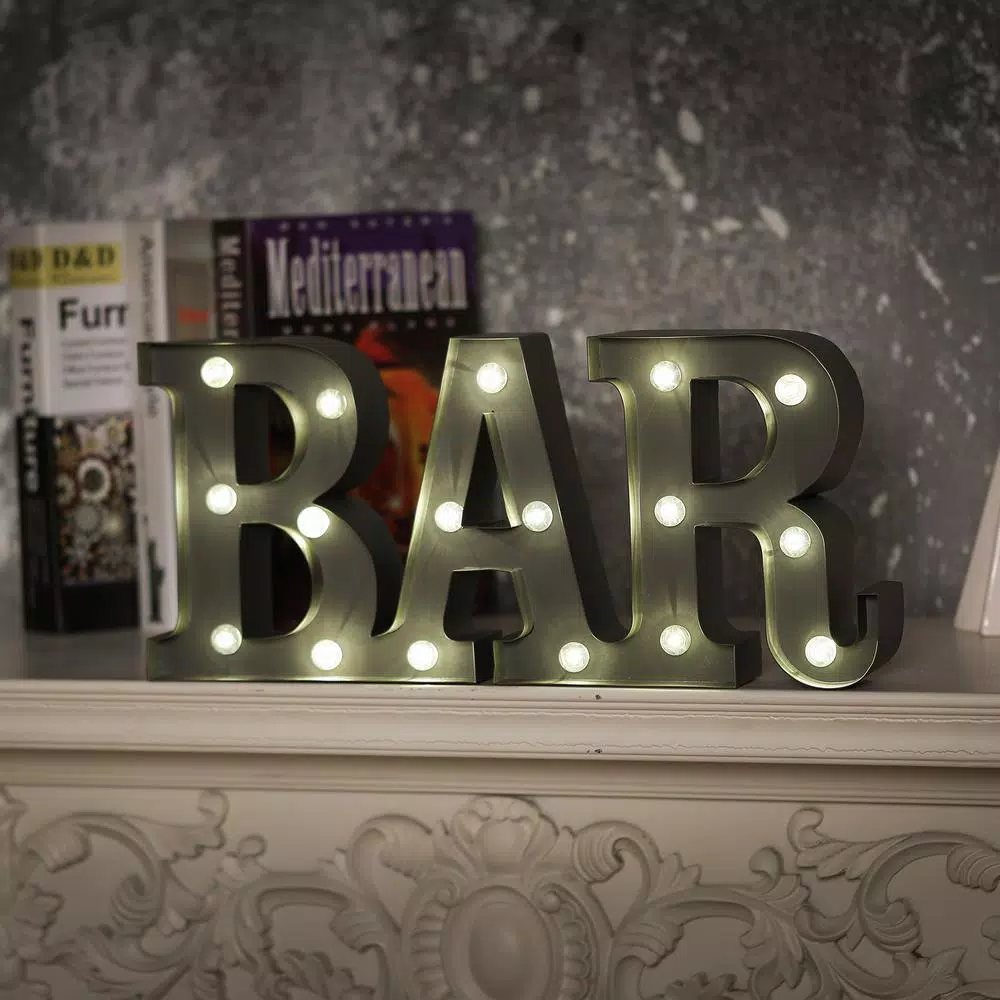 Winsome House Bar Marquee Lighted Sign with 17 LED Globe Bulbs - Gray Metal Wall Decor