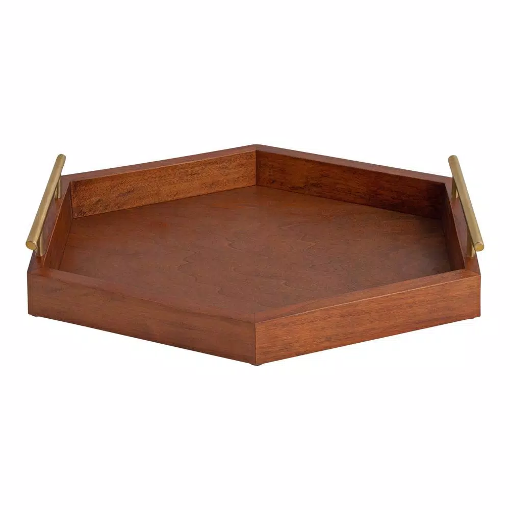 Kate and Laurel Lipton Walnut Brown Wood Hexagon Decorative Tray with Gold Handles