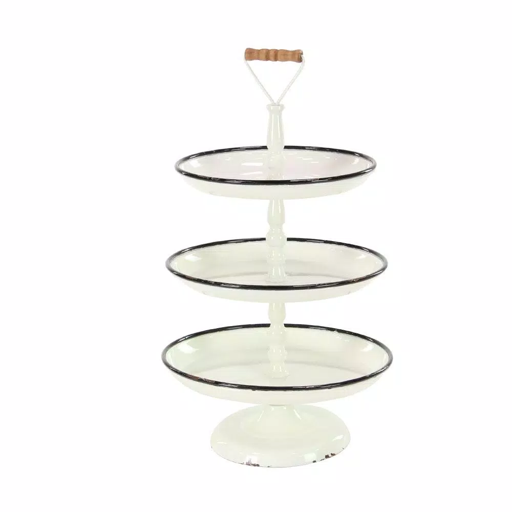 LITTON LANE Rustic Reflections 3-Tier Metal Pedestal Tray, Distressed White with Black Accents
