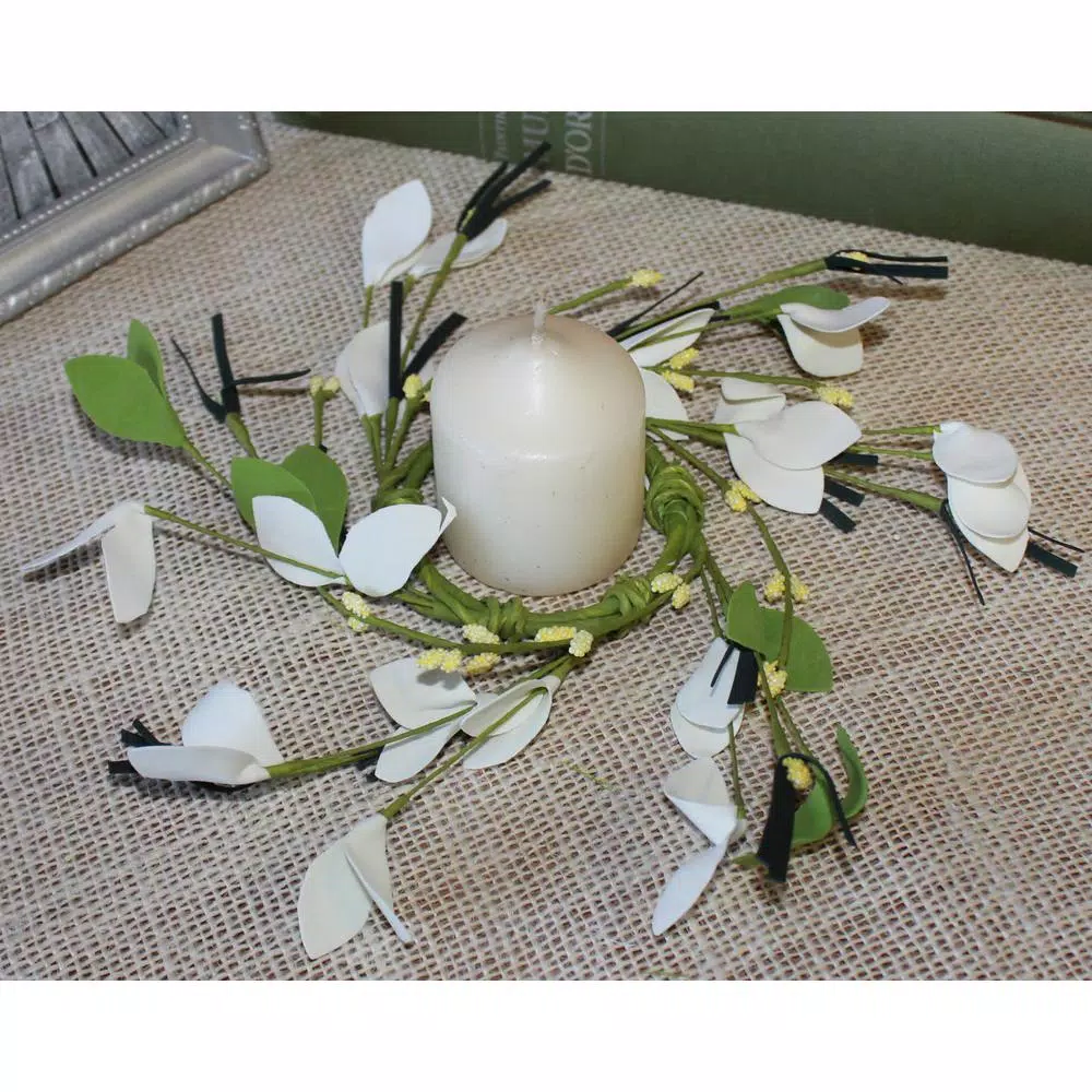 Unbranded 2.25 in. Small Flower and Berry Candle Ring Set of 4 - White and Green Spring Decor