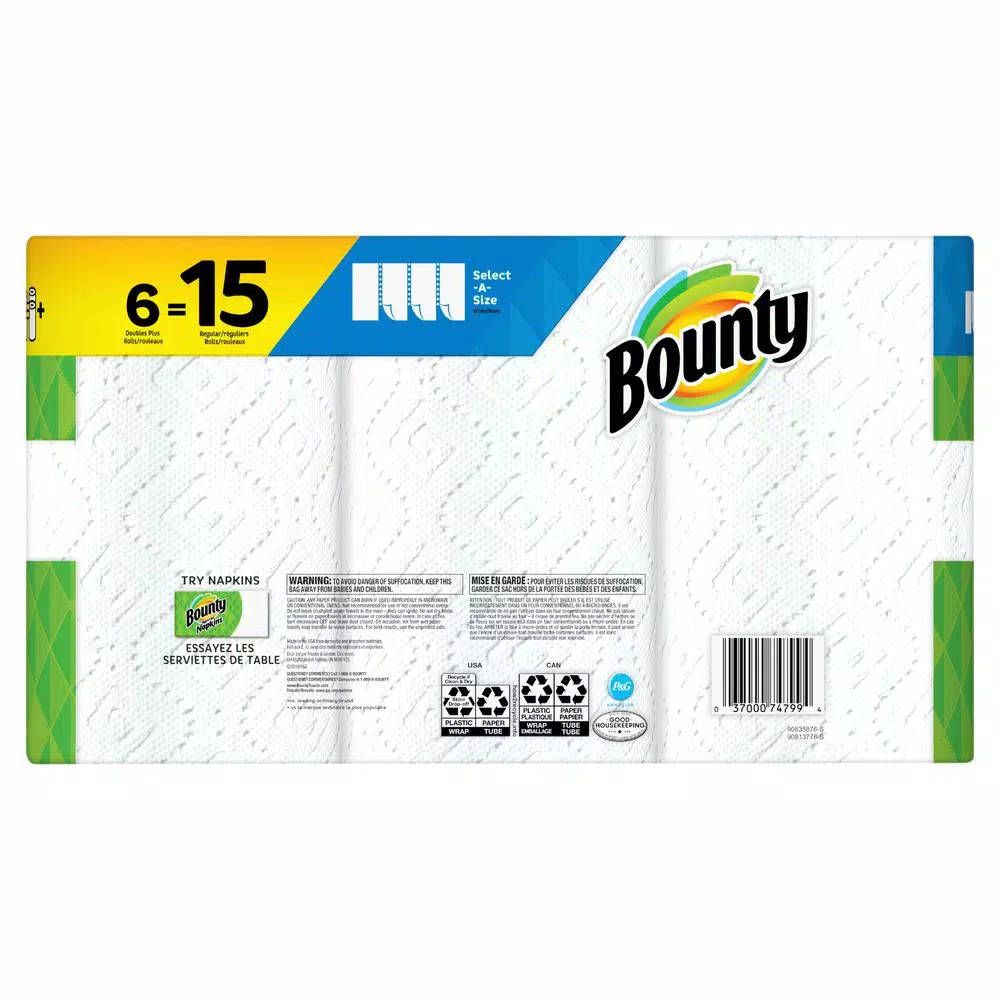 Bounty Select-A-Size White Paper Towel Rolls, 6 Double Plus Rolls