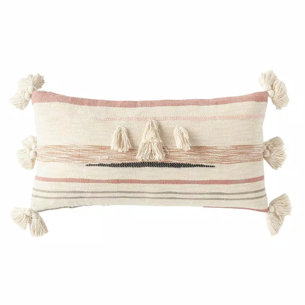3R Studios Pink, Brown and Black Striped Kilim Throw Pillow with Tassels, 28 x 14 in.