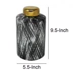 Benjara Black and White Ceramic Lidded Ginger Jar with Criss Cross Pattern and Gold Lid thumbnail 5