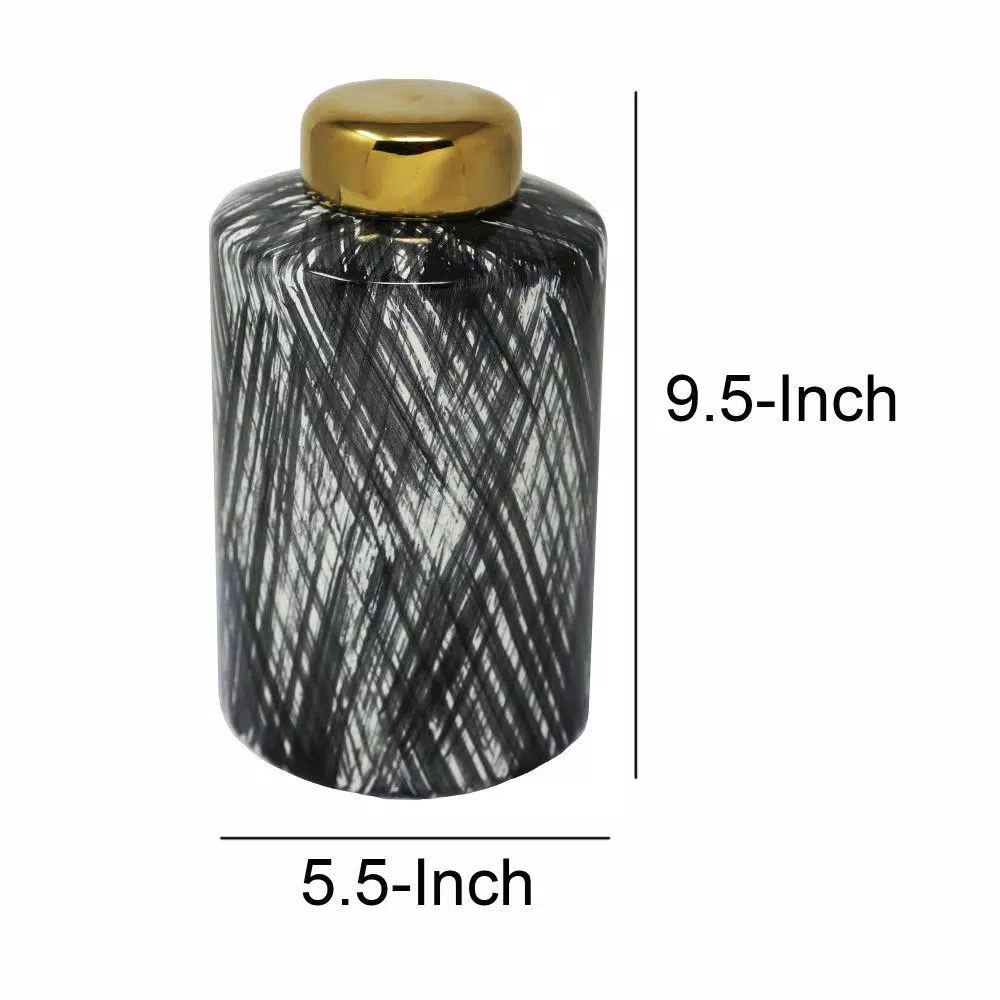 Benjara Black and White Ceramic Lidded Ginger Jar with Criss Cross Pattern and Gold Lid